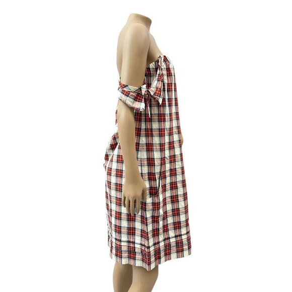 A.P.C. Off-Shoulder Plaid Midi Sheath Dress Bow Tie Details Linen Blend Womens M - Picture 3 of 11